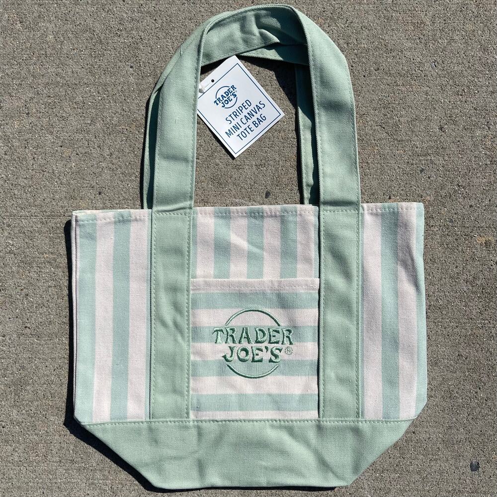 Set of 4! Trader Joe’s Canvas MINI Tote Bags PASTEL STRIPE Blue Green Pink Khaki - Picture 10 of 15